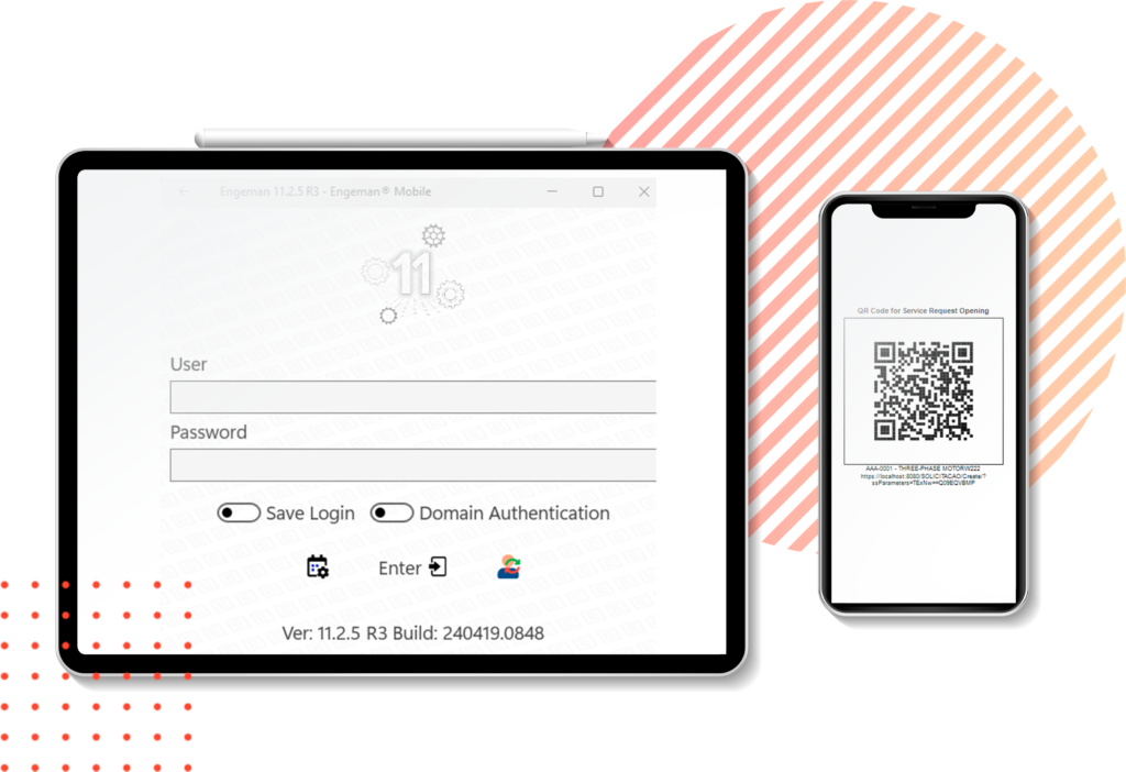 A tablet and smartphone side by side, with the tablet displaying the Engeman Mobile login interface and the smartphone showing a QR code for service request, emphasizing mobile accessibility and user authentication.