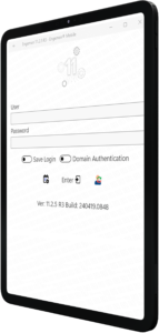 A tablet screen showing the login interface for Engeman Mobile, with fields for user credentials, options to save login details, and domain authentication, along with version information at the bottom.