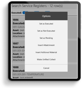 A screenshot of a service register search interface on a tablet, displaying options for managing service execution status, including options to mark as executed, not executed, pending, and to insert attachments or additional materials.