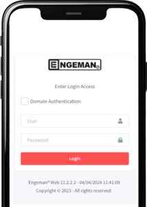 A smartphone screen displaying a login interface for Engeman software, featuring fields for user authentication, including username and password, along with a 'Login' button.