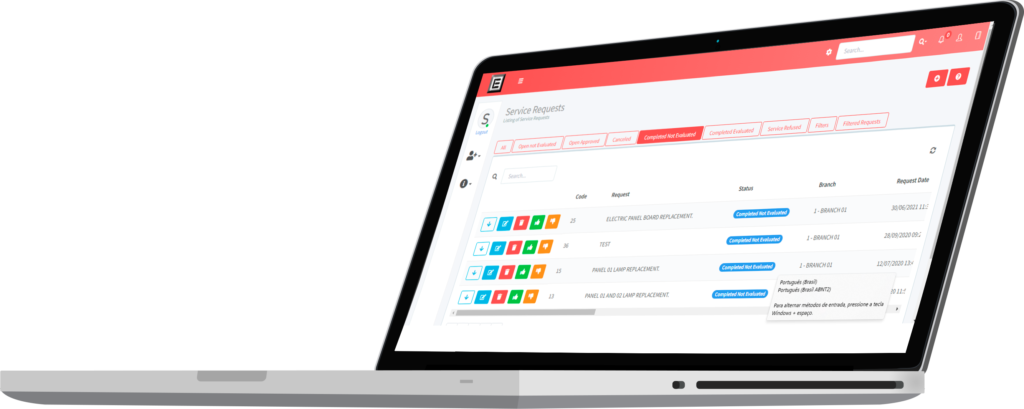 A screenshot of a service request management interface displayed on a laptop, showing a list of service requests with details such as status, board, and request date, facilitating efficient tracking and management of service operations.