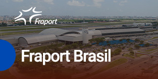 An aerial view of Fraport Brasil's airport facility, showcasing modern architecture and expansive runways, with the Fraport logo prominently displayed, symbolizing its role in airport management.